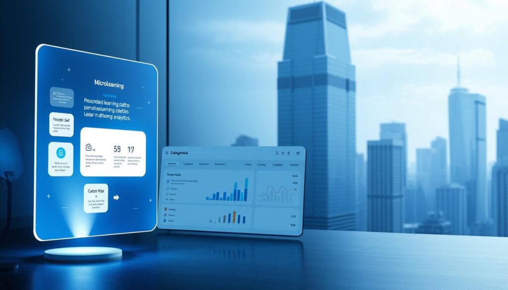 Dramatic side-lit scene of a sleek, modern microlearning platform interface. In the foreground, a floating holographic display showcases the platform's key features - personalized learning paths, interactive quizzes, and data-driven analytics. The middle ground features a minimalist, user-friendly dashboard with intuitive controls and a clean, responsive layout. In the background, a cityscape of towering skyscrapers suggests a high-tech, futuristic setting. The whole scene is bathed in a cool, blue-tinted lighting, creating a sense of sophistication and innovation.