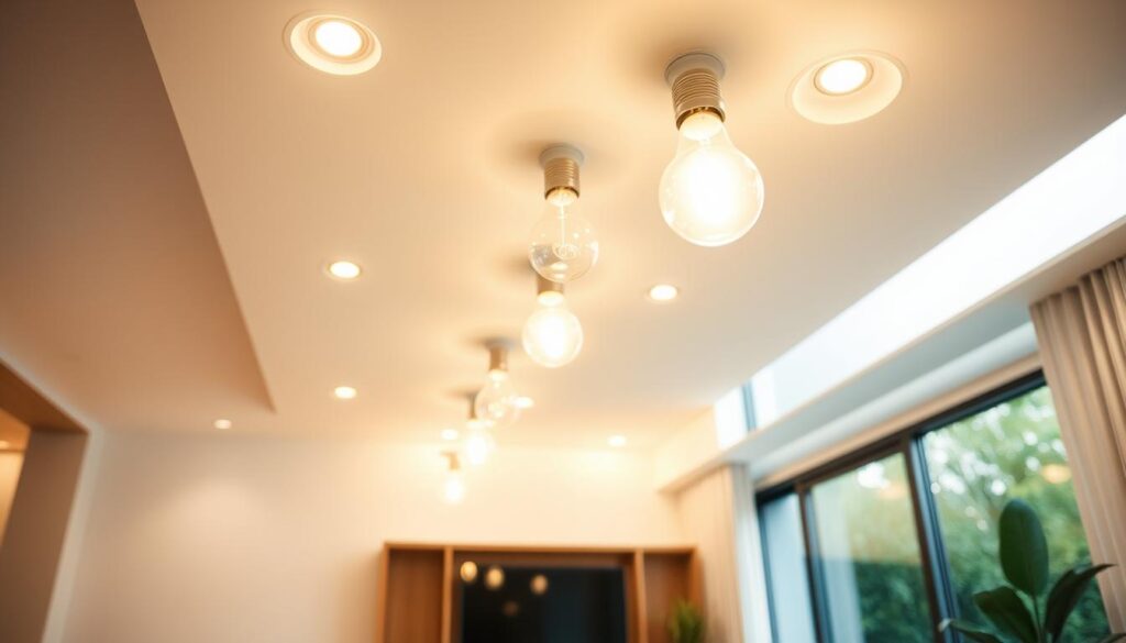 Vibrant, energy-efficient LED lightbulbs illuminating a modern, minimalist living room. Soft, diffused lighting radiates from multiple light sources, casting a warm, inviting glow across the space. The bulbs are mounted in sleek, recessed fixtures, seamlessly integrated into the ceiling. The room features clean, white walls and natural wood accents, creating a serene, eco-friendly atmosphere. A large window allows natural daylight to filter in, complementing the LED lighting. Precise, high-resolution details showcase the intricate design and energy-saving capabilities of the lighting system, suitable for a sustainable, affordable home.