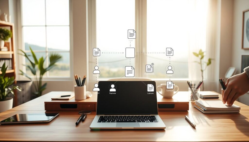 A bright, airy home office with a wooden desk showcasing a laptop, tablet, and various office supplies. Behind it, a large window overlooks a scenic landscape. Soft, natural lighting filters in, casting a warm glow. On the desk, a digital collaboration app is open, with icons representing users connected, documents being shared, and comments exchanged. The overall atmosphere conveys efficiency, productivity, and seamless remote work enabled by advanced document collaboration tools.