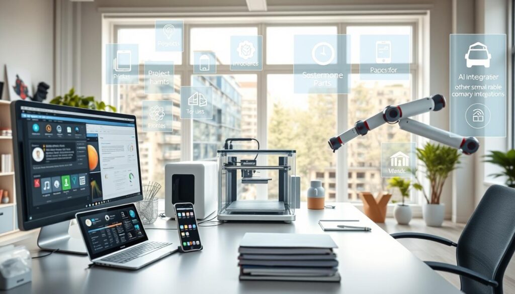 A busy office workspace with a clean, modern aesthetic. In the foreground, a desktop computer, tablet, and smartphone are arranged neatly, showcasing various AI-powered productivity apps and interfaces. The middle ground features a 3D printer churning out custom parts, and a robotic arm assists with organizing documents. In the background, large windows allow natural light to flood the space, and holographic displays project scheduling, to-do lists, and other smart home integrations. The overall atmosphere is one of efficient, seamless integration of AI technology into everyday tasks, promoting a sense of streamlined, simplified living.