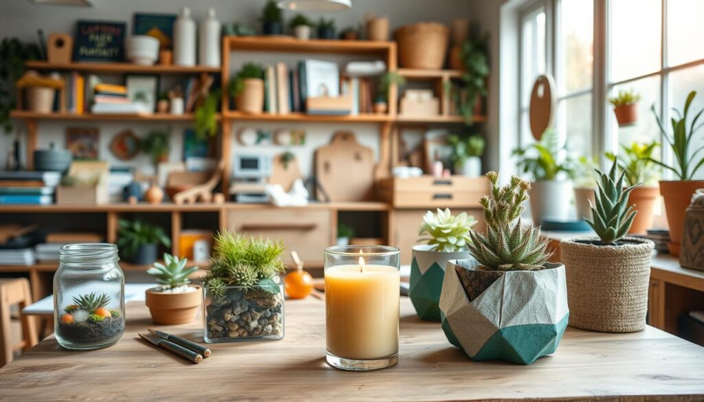 A cozy home workshop filled with an assortment of DIY sustainability projects. In the foreground, a workbench showcases various eco-friendly crafts - a repurposed glass jar terrarium, a handmade beeswax candle, and a set of upcycled planters made from recycled materials. The middle ground reveals shelves packed with sustainability guides, tools, and supplies, while the background features large windows that flood the space with warm, natural lighting. The atmosphere exudes a sense of resourcefulness, creativity, and a commitment to sustainable living without expensive gadgets.