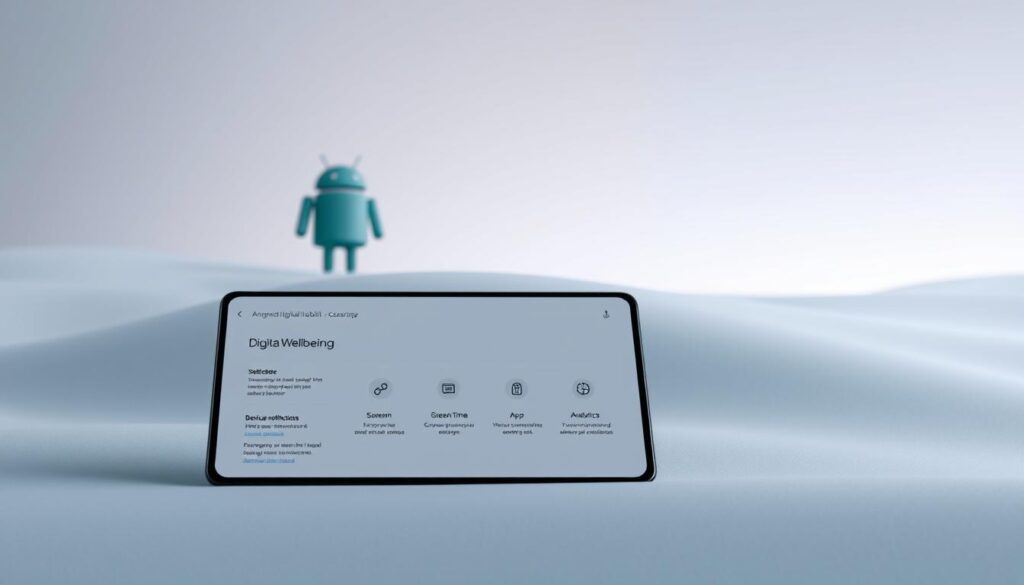 A digital landscape depicting the Android Digital Wellbeing interface. In the foreground, a smooth, minimalist screen showcases a series of intuitive icons and controls for managing screen time, app usage, and device notifications. The middle ground features a subtle gradient background, hinting at the underlying data and analytics that power the Wellbeing experience. In the background, a stylized Android robot stands guard, representing the integrated nature of this feature within the operating system. The lighting is soft and diffused, creating a calming, focused atmosphere that reflects the core purpose of the Digital Wellbeing tools - to help users develop healthier digital habits. The overall composition conveys a sense of balance, control, and a seamless integration of technology and user experience.
