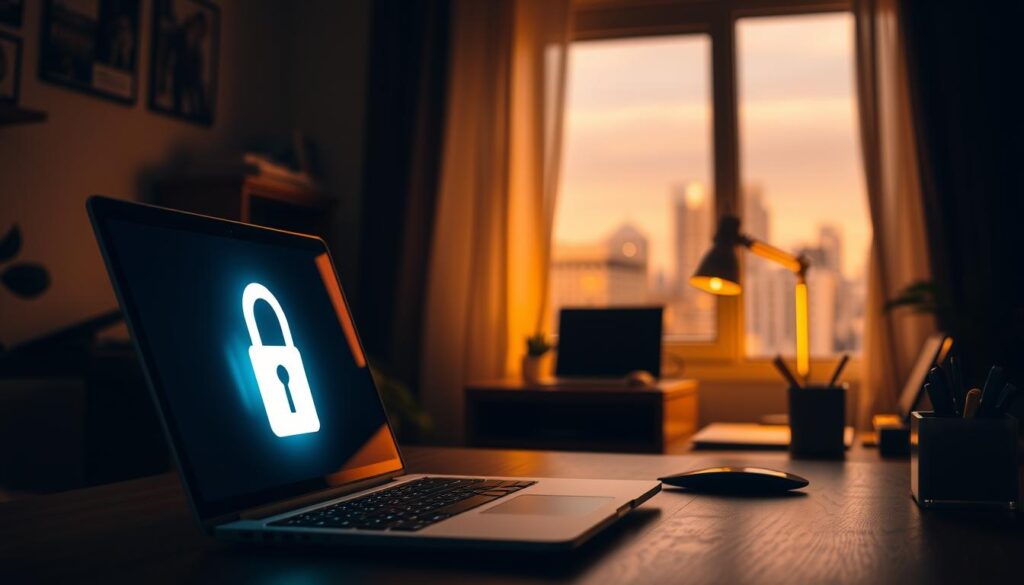 A dimly lit home office, the glow of a laptop screen illuminating a pair of focused eyes. In the foreground, a secure lock icon hovers over the display, symbolizing the importance of data protection in remote work. The middle ground reveals a tidy workspace with essential productivity tools, while the background showcases a cityscape outside the window, hinting at the global reach of this new work paradigm. Soft, warm lighting casts an air of professionalism and diligence, as the scene conveys the intersection of technology, security, and remote work.