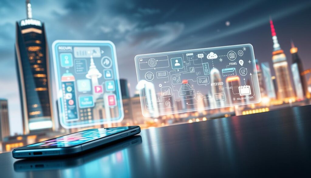 A dynamic and immersive scene depicting the future of microlearning technology trends in 2025. Prominent in the foreground, a sleek and ultramodern mobile device, its touchscreen displaying a vibrant array of interactive microlearning modules. In the middle ground, a holographic projection showcases the seamless integration of artificial intelligence, augmented reality, and gamification, revolutionizing the way individuals acquire new skills on-the-go. The background features a futuristic cityscape, with towering skyscrapers and a vibrant, neon-lit skyline, symbolizing the fast-paced, technology-driven world that demands and embraces the power of microlearning. Soft, diffused lighting and a sense of dynamism and progress permeate the scene, capturing the essence of the rising demand for microlearning in the rapidly evolving landscape of 2025.