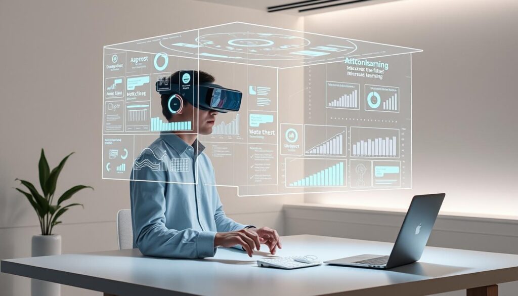 A holographic interface hovers in a futuristic, minimalist workspace. Layers of dynamic data visualizations, interactive lessons, and virtual assistants converge, creating an immersive augmented reality microlearning experience. Soft, ambient lighting bathes the scene, highlighting the seamless integration of digital and physical elements. The user, clad in AR goggles, interacts with virtual controls, effortlessly accessing a curated library of bite-sized learning modules. This glimpse into the future of microlearning showcases the convergence of emerging technologies, blurring the lines between the real and the virtual to enable personalized, on-demand skill development.