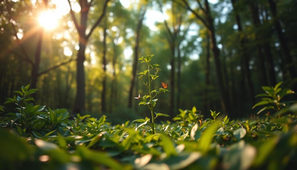 A lush forest clearing at golden hour, the soft light filtering through the verdant canopy. In the center, a young sapling grows, its branches reaching upwards - a digital well-being app in the form of a game-like forest, encouraging users to reduce their screen time and cultivate digital wellness. Delicate butterflies flit between the leaves, a serene and tranquil scene. The camera angle is slightly low, creating an immersive, almost dreamlike perspective. The overall mood is one of calm, balance, and the harmony between technology and nature.