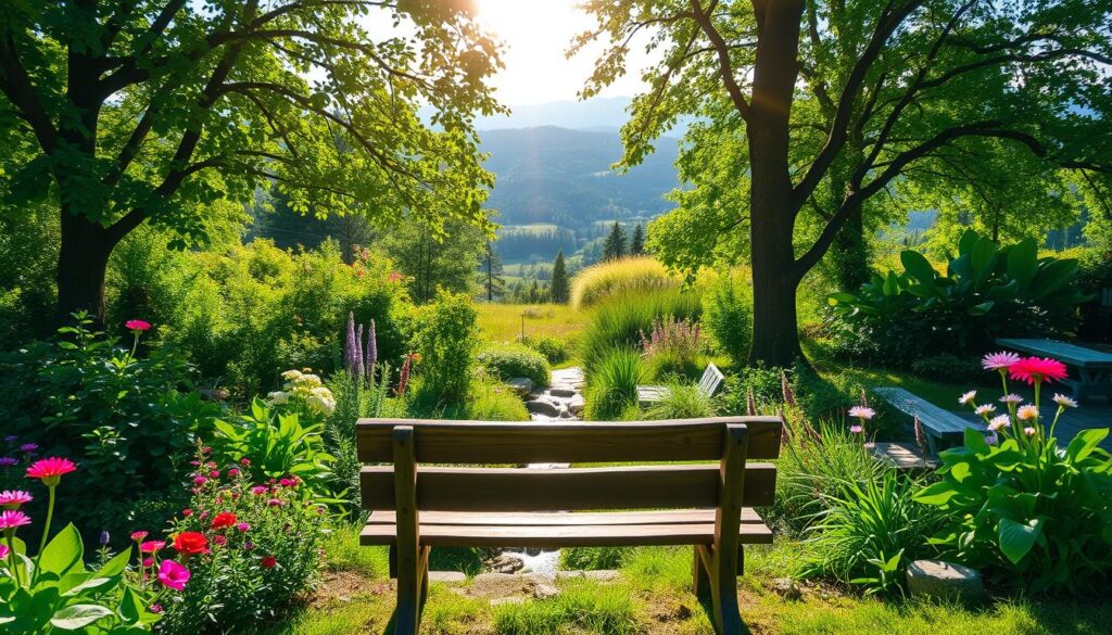 A lush green garden, bursting with vibrant plants and flowers, stands as a serene oasis amidst a digital-free landscape. In the foreground, a rustic wooden bench invites visitors to sit and bask in the tranquility, free from the distractions of technology. Sunlight filters through the canopy of trees, casting a warm, natural glow across the scene. The middle ground features a small, trickling stream, its calming sounds adding to the peaceful ambiance. In the background, rolling hills and distant forests create a sense of boundless, untouched nature. This tech-free green life represents a harmonious coexistence with the environment, a sanctuary away from the constant stimulation of modern life.