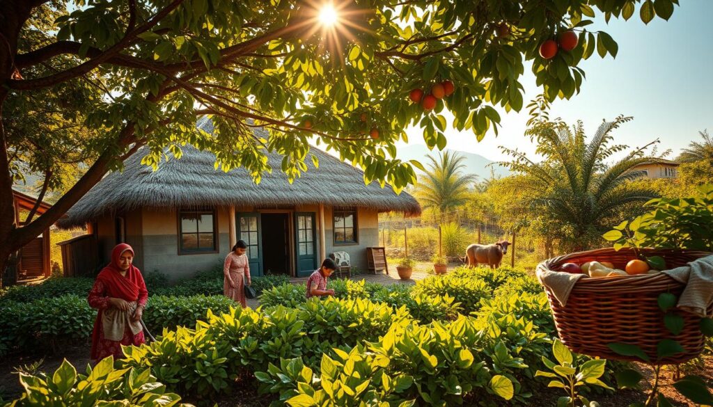 A lush, verdant landscape with a thatched-roof cottage nestled amidst a thriving kitchen garden. In the foreground, a family tends to their crops, using traditional hand tools and techniques. Sunlight filters through the canopy of fruit trees, casting a warm, golden glow. In the distance, a grazing goat and a hand-woven basket filled with freshly harvested produce. The scene evokes a sense of timeless harmony, where sustainable living is seamlessly woven into the fabric of everyday life. Captured with a wide-angle lens to emphasize the integrated, holistic nature of this traditional sustainability practice.