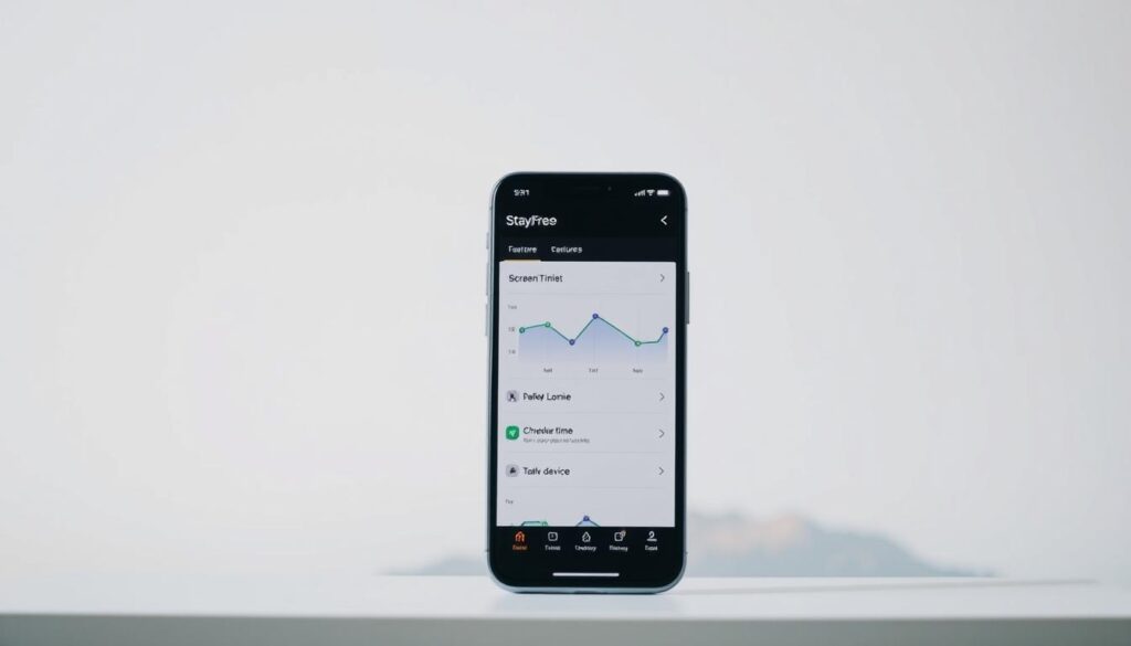 A minimalist app interface with clean lines and a soothing color palette, showcasing the key features of the StayFree digital wellbeing app. In the foreground, a smartphone screen displays intuitive controls for setting screen time limits, scheduling downtime, and tracking daily device usage. The middle ground features a stylized graph visualizing the user's digital activity patterns. The background depicts a serene landscape, conveying a sense of balance and tranquility, complementing the app's purpose of helping users maintain a healthy relationship with technology. The composition is shot from a slightly elevated angle, creating an inviting and user-friendly atmosphere. Soft, diffused lighting enhances the overall aesthetic, making the image visually appealing and true to the app's design ethos.