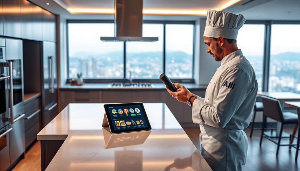 A modern kitchen with sleek stainless steel appliances and a central island. On the island, a tablet displays an AI interface with various cooking options. In the foreground, a chef in a crisp white uniform is using a handheld device, likely a voice-controlled assistant, to interact with the AI system. The kitchen is bathed in warm, diffused lighting, creating a welcoming atmosphere. A large window in the background overlooks a scenic city skyline, suggesting a high-end, urban setting. The overall scene conveys a sense of technological integration and culinary innovation, reflecting the "Creative Cooking with GenAI" concept.