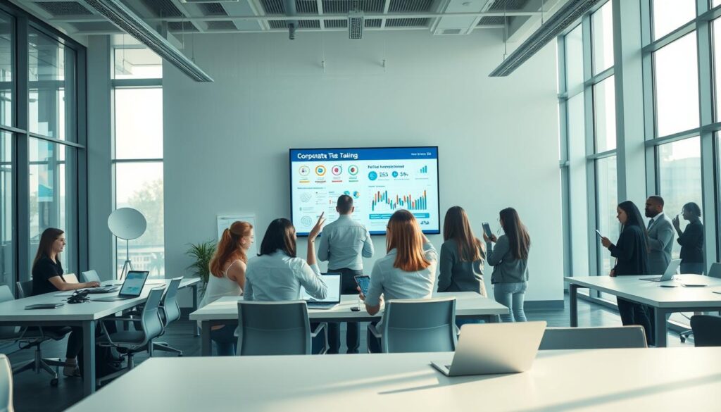 A modern office interior, bathed in natural light streaming through large windows. In the foreground, a group of professionals engaged in an interactive digital display, gesturing and collaborating. Sleek desks, ergonomic chairs, and minimalist decor create a harmonious, productivity-focused environment. The middle ground features a dynamic presentation on a wall-mounted screen, visualizing data and key concepts of a corporate training module. In the background, the silhouettes of other employees immersed in their personal learning journeys, tablets and smartphones in hand. The overall atmosphere exudes a sense of focused, seamless knowledge-sharing, where technology enables efficient, engaging microlearning experiences.