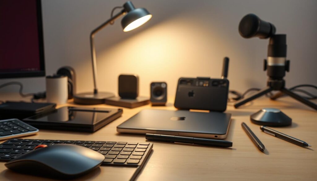 A neatly organized array of essential office gadgets and accessories fills the frame. In the foreground, a sleek wireless mouse, a high-quality ergonomic keyboard, and a tablet stylus with a minimalist design stand out. The middle ground features a modern desk lamp with a soft, warm glow, a compact wireless charger, and a small but powerful Bluetooth speaker. In the background, a high-resolution webcam, a professional-grade microphone, and a sturdy laptop stand create a cohesive workspace setup. The lighting is natural and diffused, creating a sense of balance and productivity. The overall atmosphere exudes a polished, tech-forward vibe that would be well-suited for a home office.