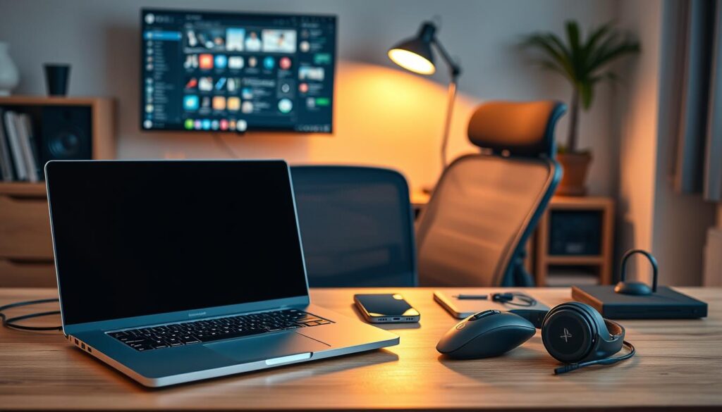 A neatly organized desk with essential work-from-home tools laid out in a visually appealing arrangement. In the foreground, a high-quality laptop, wireless mouse, and noise-canceling headphones. In the middle ground, a sleek smartphone, a comfortable ergonomic chair, and a minimalist lamp providing warm, soft lighting. In the background, a large monitor with a clean, distraction-free desktop displaying productivity apps. The entire scene is captured in a realistic, high-resolution photograph with natural shadows and depth of field, conveying a sense of professionalism and efficiency for a beginner remote worker.