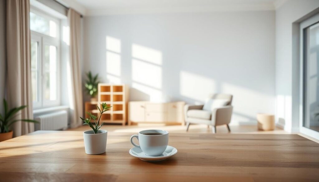 A serene, minimalist living space with natural light filtering through large windows. A wooden table with a single potted plant and a cup of coffee sits in the foreground, creating a sense of simplicity and tranquility. The middle ground features a clean, uncluttered bookshelf and a comfortable armchair, while the background showcases a muted, earthy color palette. The image is captured with a soft, diffused lighting, creating a warm and inviting atmosphere that embodies the essence of sustainable, minimalist living.
