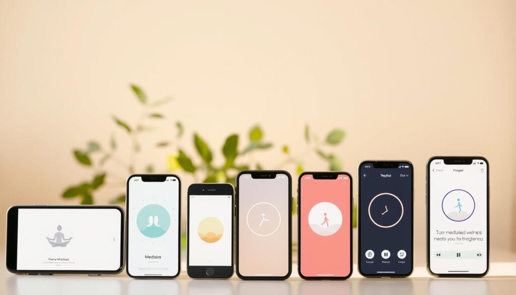 A serene, minimalist scene of thoughtful digital wellness apps against a soft, natural backdrop. In the foreground, a collection of stylized smartphone screens displaying various meditation, mindfulness, and well-being applications, their interfaces clean and calming. The middle ground features gentle, blurred foliage, hinting at the importance of digital-free moments. The background is a warm, diffused light, creating an atmosphere of tranquility and focus. Lighting is soft, almost ethereal, emphasizing the apps' ability to cultivate mindfulness within the digital realm. The overall composition is well-balanced, with a sense of harmony and simplicity.