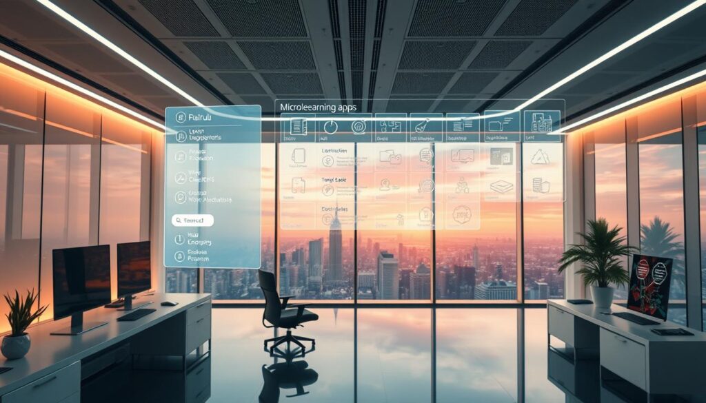 A sleek and futuristic office space, with advanced holographic displays and intuitive touch interfaces suspended in mid-air. The room is bathed in a warm, ambient glow, creating a serene and focused atmosphere. In the foreground, a user interacts with a holographic menu, navigating through a collection of elegant microlearning apps. The middle ground features a panoramic view of the cityscape outside, hinting at the global reach and connectivity of these innovative educational tools. The background is filled with a vibrant, almost ethereal landscape, suggesting the transformative potential of these microlearning technologies to revolutionize the way we learn and grow.