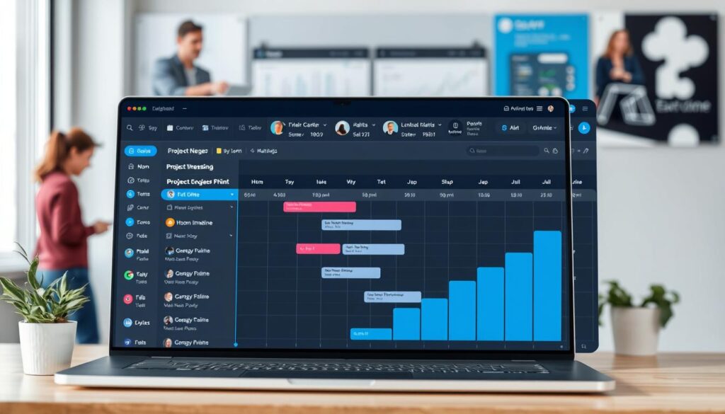 A sleek and intuitive project management app, seamlessly integrated with a variety of collaboration tools. The user interface features a clean, minimalist design with a focus on functionality. In the foreground, a Gantt chart displays project timelines and task dependencies, while in the middle ground, team members are engaged in real-time discussions and file sharing. The background showcases a dynamic dashboard, providing insights and analytics for effective project oversight. The overall scene conveys a sense of efficiency, productivity, and a workflow optimized for remote work environments.
