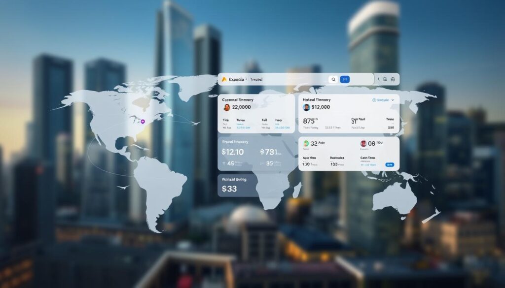 A sleek and modern interface showcasing Expedia's AI-powered travel planning tools. In the foreground, a stylized world map with dynamic flight paths and destination markers, rendered with a soft, dreamlike lighting. The middle ground features a minimalist dashboard displaying personalized trip itineraries, estimated travel times, and cost-saving recommendations. In the background, a blurred cityscape with towering skyscrapers, conveying a sense of global connectivity. The overall atmosphere is one of efficiency, sophistication, and the seamless integration of artificial intelligence into the travel experience.