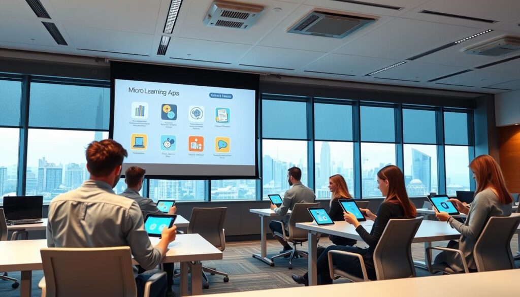 A sleek, modern office space with a large projection screen displaying interactive microlearning apps. In the foreground, a group of young professionals are engaged with their tablets, swiping and tapping through animated lessons and quizzes. Soft, directional lighting illuminates the scene, creating a warm, productive atmosphere. The middle ground features ergonomic desks and chairs, fostering a collaborative learning environment. In the background, floor-to-ceiling windows offer a panoramic view of a bustling cityscape, underscoring the urban, professional setting. The overall composition emphasizes the seamless integration of technology and learning, highlighting the versatility and accessibility of microlearning apps in enhancing personal and professional development.