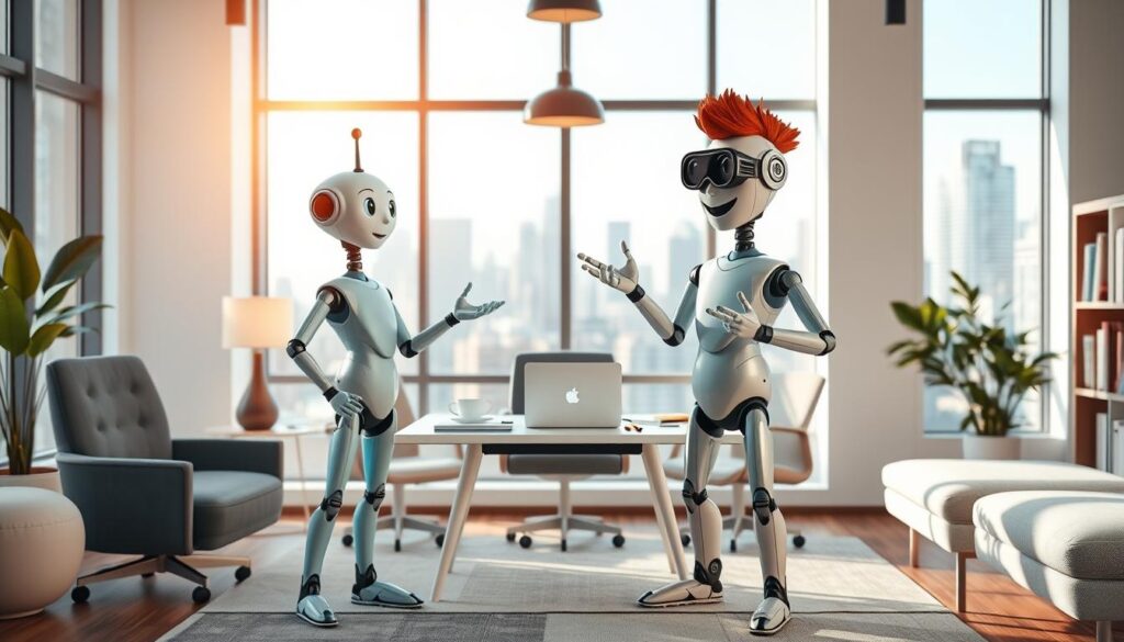 A stylish office environment with a cozy, modern aesthetic. In the foreground, two friendly AI digital assistants, Cleo and Wally, stand side by side, their colorful, abstract forms creating a playful and engaging composition. Cleo, a sleek, azure-toned figure, and Wally, a warm, amber-hued companion, are engaged in a lively discussion, their dynamic gestures and expressions conveying a sense of collaboration and financial expertise. The middle ground features a neatly organized desk with a laptop, financial documents, and other work-related items, suggesting the practical applications of the AI tools. The background showcases large windows with a city skyline, bathed in soft, natural lighting that infuses the scene with a sense of productivity and professionalism.