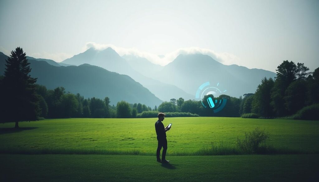 A tranquil, minimalist landscape showcasing the impact of digital wellbeing. In the foreground, a person's silhouette stands amidst a serene garden, their gaze fixed on a smartphone, digital waves emanating from the device. The middle ground features a lush, verdant meadow, symbolizing the natural world. In the background, a mountain range stands tall, its peaks obscured by wispy clouds, representing the balance between technology and nature. The lighting is soft and diffused, creating a calming atmosphere. The composition is balanced, with the person's pose and the smartphone's placement guiding the viewer's eye through the scene. The overall impression conveys the importance of finding harmony between our digital and physical lives.