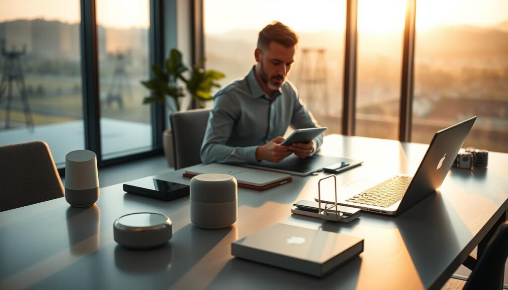 A tranquil office space with a sleek, modern desk and an array of AI-powered devices - a voice assistant, a tablet, and a laptop. Soft, natural lighting filters through large windows, casting a warm glow on the scene. In the foreground, a person interacts with the devices, seamlessly integrating AI into their daily workflow. The background features a serene landscape, hinting at the balance between technology and nature. The overall atmosphere conveys a sense of enhanced productivity and effortless living, made possible by the integration of AI technology.