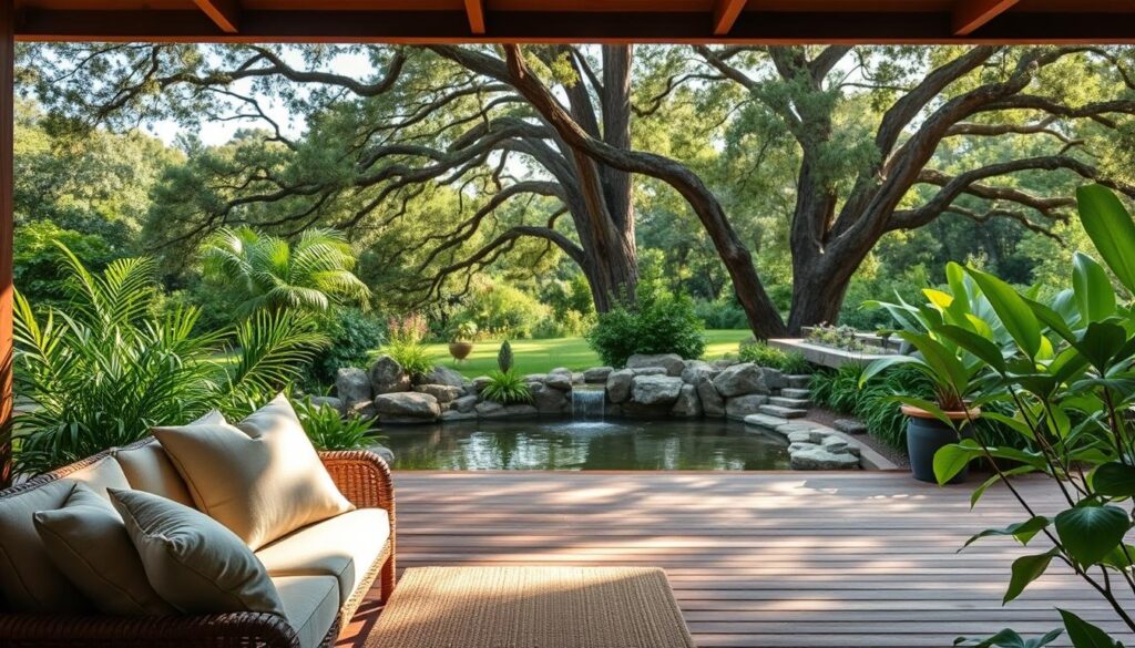 A tranquil outdoor sanctuary, a nature-inspired living space nestled amidst lush greenery. In the foreground, a cozy seating area with plush cushions and woven textures, inviting relaxation. Beyond, a wooden deck stretches out, seamlessly blending with the surrounding landscape. In the middle ground, a picturesque water feature, its soothing sounds creating a calming ambiance. The background showcases towering trees, their branches casting a gentle, dappled light across the scene. The overall atmosphere evokes a sense of harmony, where the natural world and modern living coexist in perfect balance.