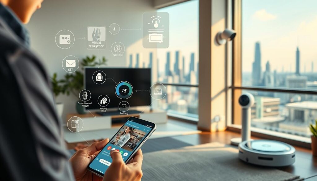 A vibrant and modern-looking scene depicting the everyday use of AI applications. In the foreground, a person is using a smartphone with various intuitive AI-powered features, such as virtual assistant, image recognition, and language translation. The middle ground showcases AI-powered smart home devices, including a voice-controlled thermostat, a security camera, and a robot vacuum cleaner, all seamlessly integrated and working harmoniously. In the background, a cityscape with sleek, futuristic architecture is visible, hinting at the widespread integration of AI technology in urban infrastructure. The lighting is soft and natural, creating a warm and inviting atmosphere. The overall composition conveys a sense of effortless efficiency and the transformative power of AI in simplifying and enhancing everyday life.