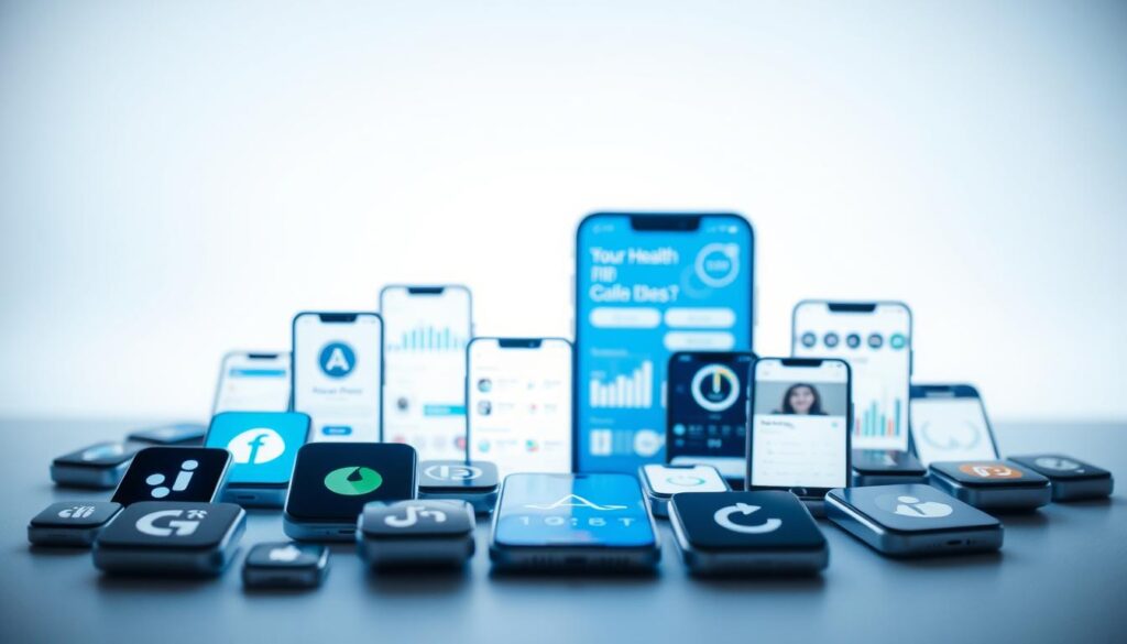 A vibrant collage of digital health apps, their sleek icons and user interfaces arranged in a visually striking composition. A modern, minimalist aesthetic with a calming palette of blues, grays and whites, conveying a sense of streamlined digital wellness. The foreground features a selection of app icons, subtly animated and glowing, inviting interaction. The middle ground displays various app screens and dashboards, showcasing their intuitive design and functionality. The background is a soft, blurred gradient, lending an airy, expansive feel to the scene. Crisp lighting from an upper left direction casts gentle shadows, adding depth and dimensionality. The overall mood is one of simplicity, focus and digital empowerment.