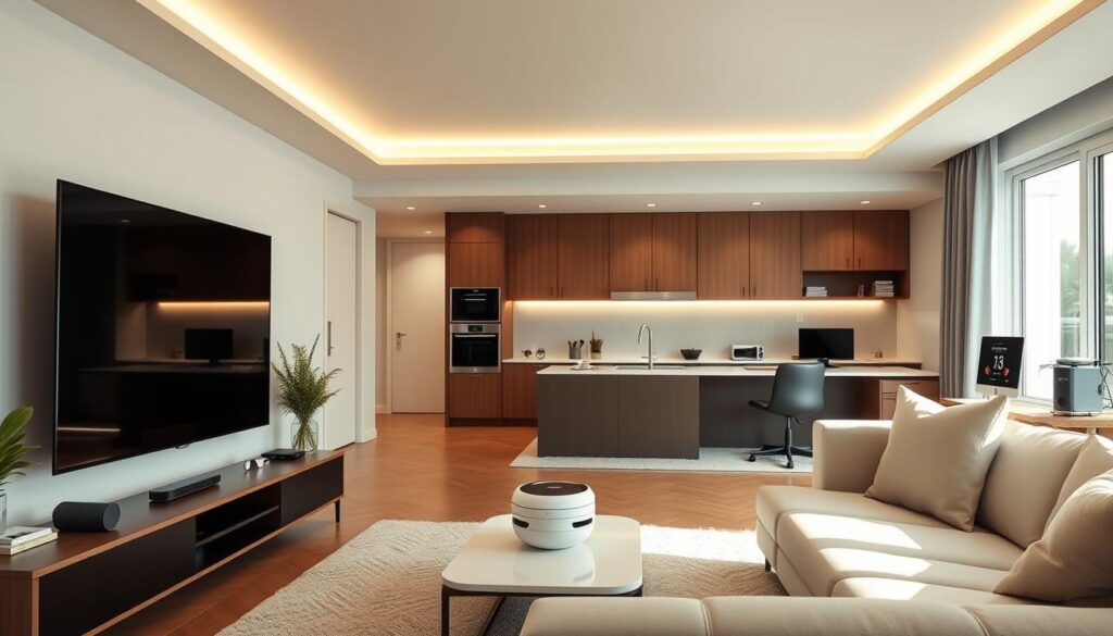 A well-lit, modern home interior with a focus on intelligent automation and AI-powered devices. In the foreground, a sleek and minimalist living room setup with a large, curved OLED TV, voice-controlled smart home hub, and subtly integrated IoT sensors. The middle ground features a minimalist kitchen with networked appliances, a countertop robotic assistant, and a digital display showcasing energy-efficient performance data. The background reveals a home office space with a state-of-the-art computer workstation, smart lighting, and a 3D printer. Throughout the scene, the atmosphere is one of clean, sophisticated design and seamless technological integration, creating a harmonious, AI-optimized living environment.