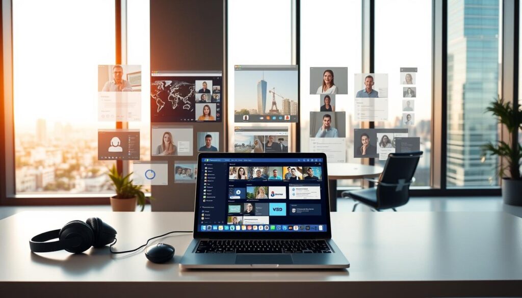 A workspace in a modern, minimalist office setting. In the foreground, a clean desk with a laptop, wireless mouse, and headphones - the essential tools for virtual collaboration. The middle ground features an array of communication apps and software windows, including video conferencing, instant messaging, and project management interfaces, all arranged in a visually appealing manner. The background showcases large windows overlooking a cityscape, bathed in warm, natural lighting that creates a calming, productive atmosphere. The entire scene exudes a sense of efficiency, connectivity, and the seamless integration of technology into the remote work experience.