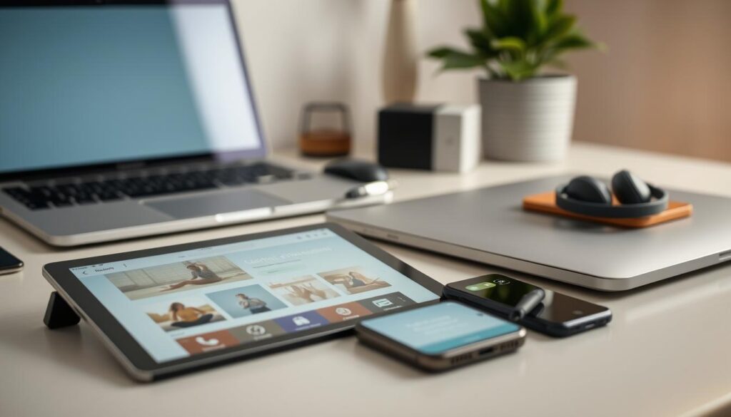 Detailed digital wellness apps laid out on a minimalist desk setup. In the foreground, a tablet and smartphone with calming productivity apps displayed. Mid-ground features a sleek laptop, wireless headphones, and a stylish desk organizer. The background showcases a serene indoor plant, soft lighting, and a muted color palette, creating a relaxing, focused atmosphere. The overall scene conveys a sense of balance between digital tools and mindful well-being.